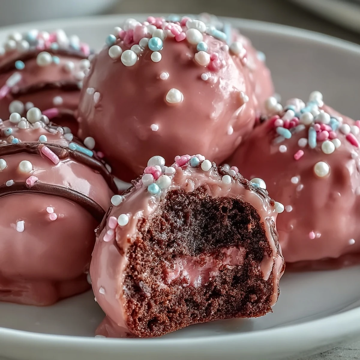 Glossy Oreo Truffle Balls with Pink Candy Coating sit on a marble surface, ready for an indulgent bite.