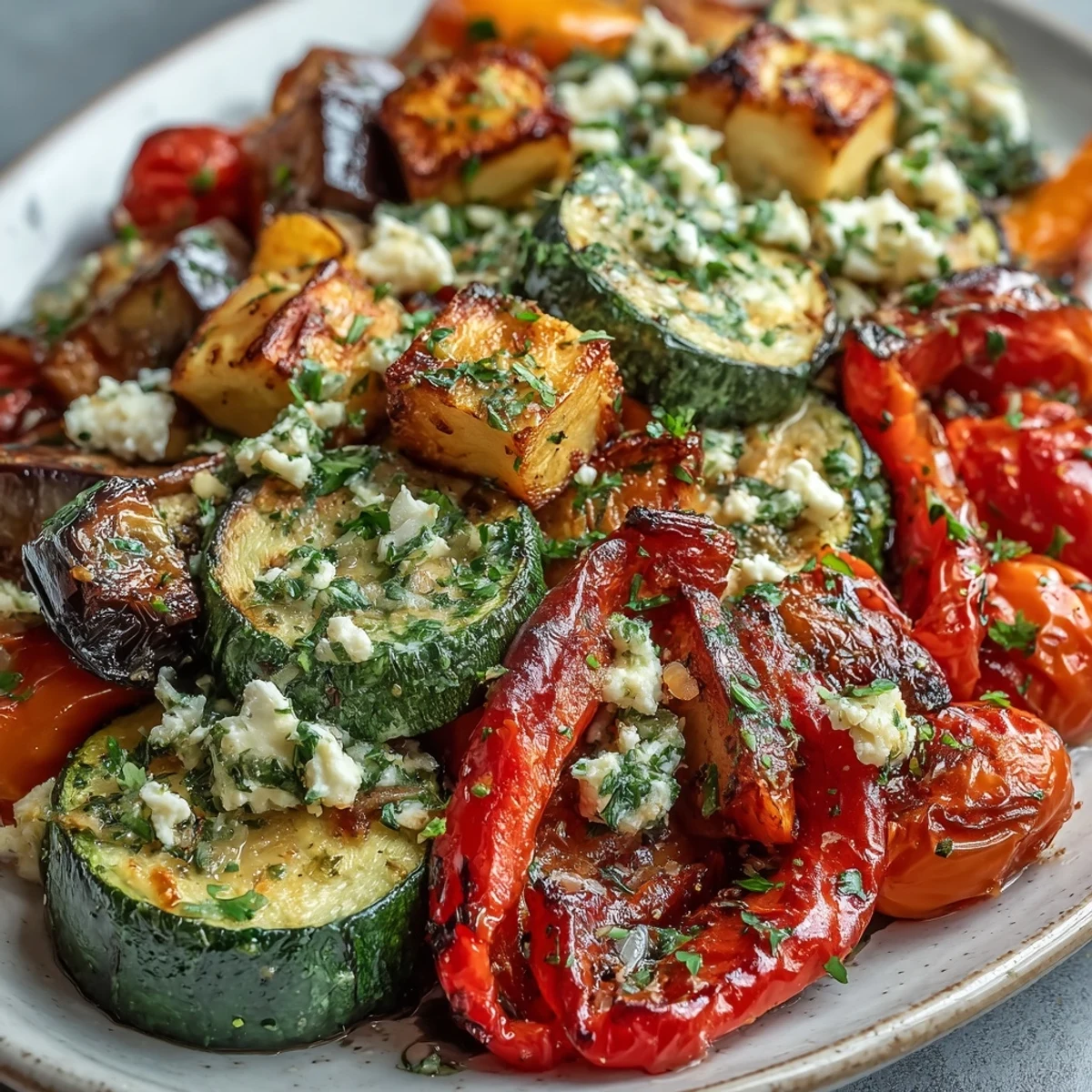 Roasted Mediterranean Greek Vegetables, caramelized and served warm with crumbled feta and fresh parsley.