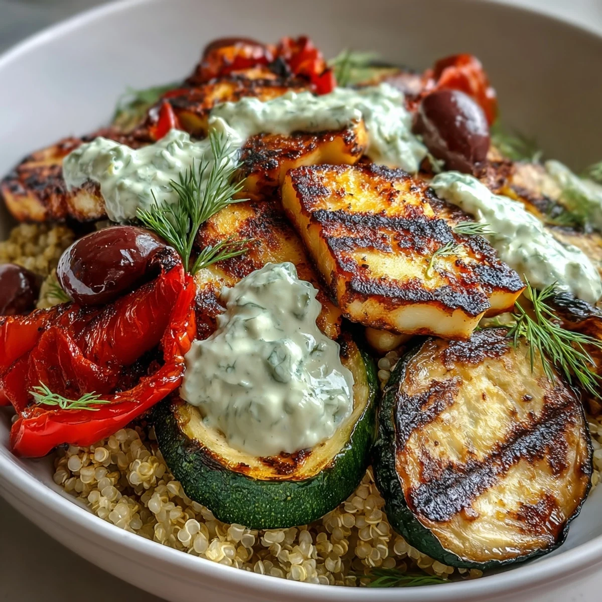 Vibrant Healthy Grilled Mediterranean Bowl with charred zucchini and bell peppers on fluffy quinoa, topped with feta and drizzled with cool tzatziki.