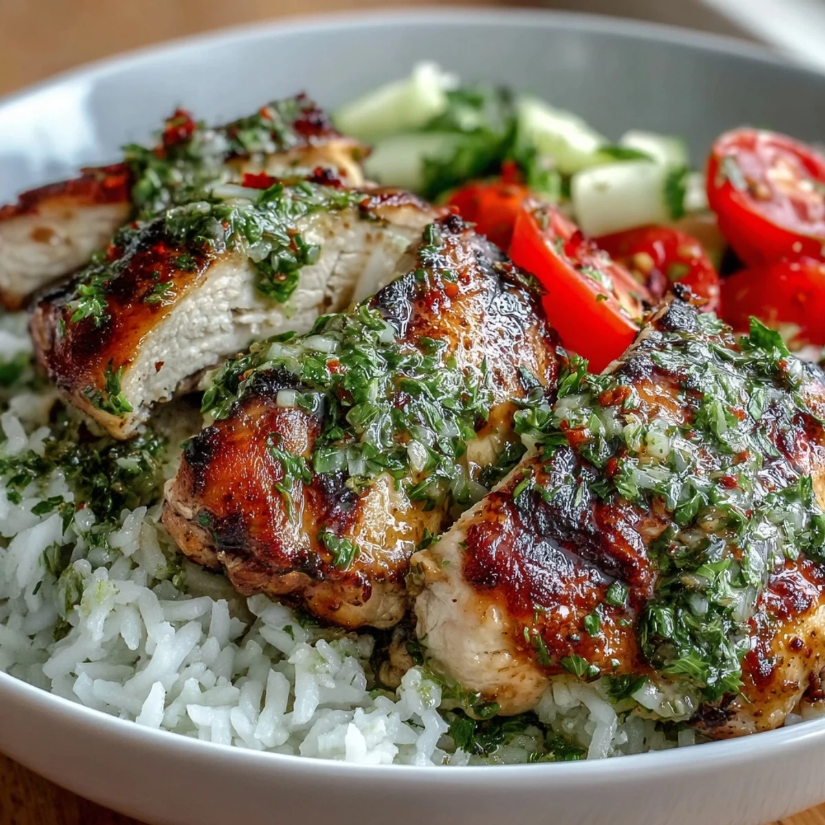 Bright green chimichurri sauce drizzled over a hearty bowl of grilled chicken, rice, and diced cucumbers.