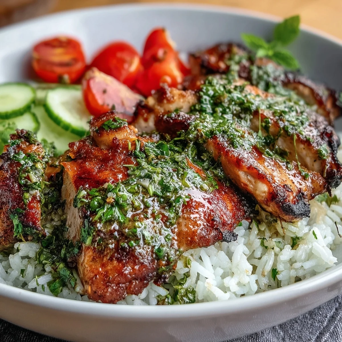 A vibrant Chimichurri Chicken Bowl with juicy sliced chicken over fluffy rice, topped with avocado and cherry tomatoes.