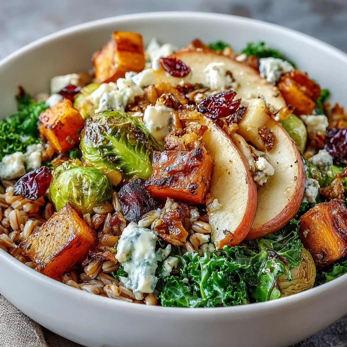 Hearty Fall Vegetable Bowl featuring warm farro grains, wilted kale, and caramelized roasted vegetables on a wooden table.