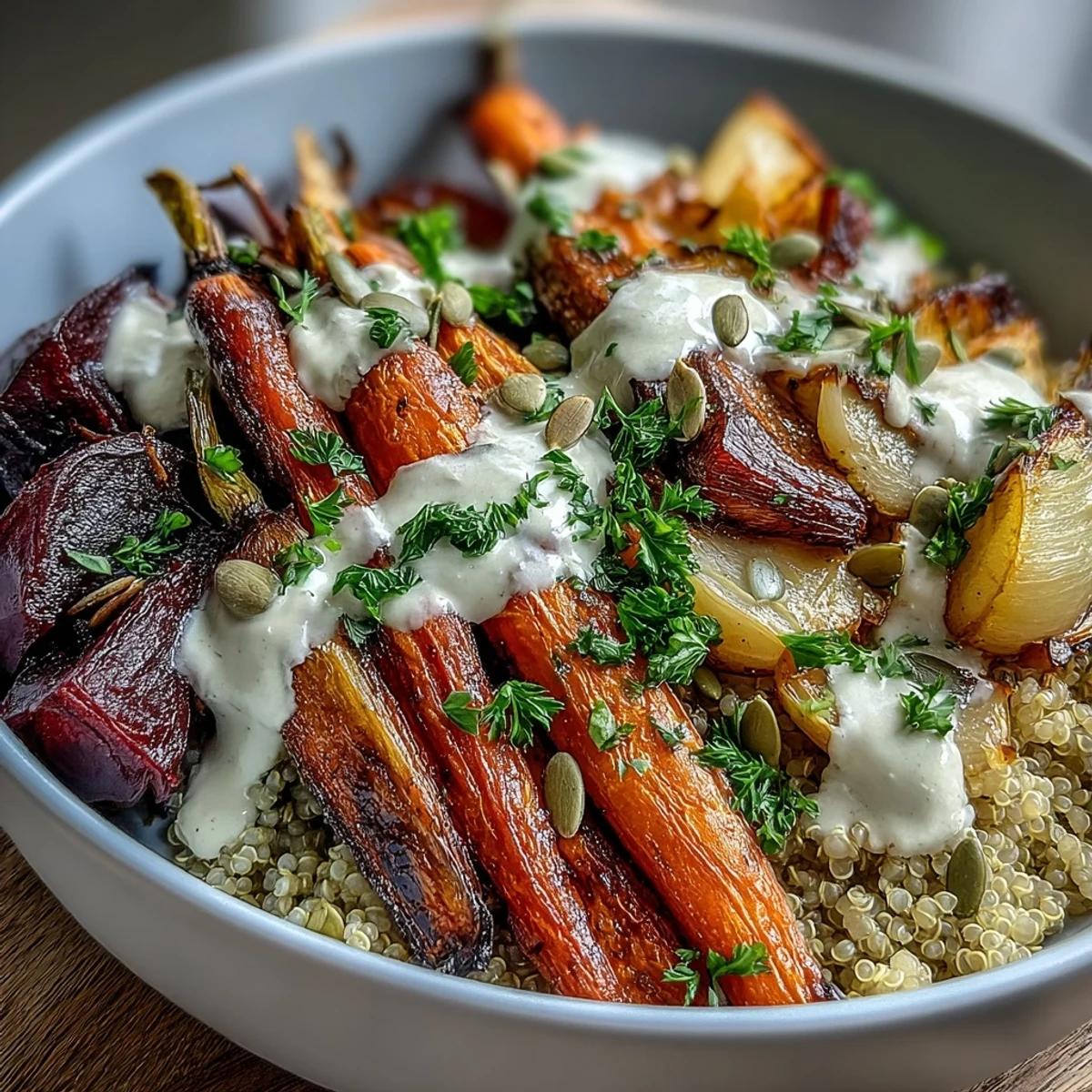 Golden roasted root vegetables like carrots and beets sit atop fluffy quinoa in a nourishing bowl.