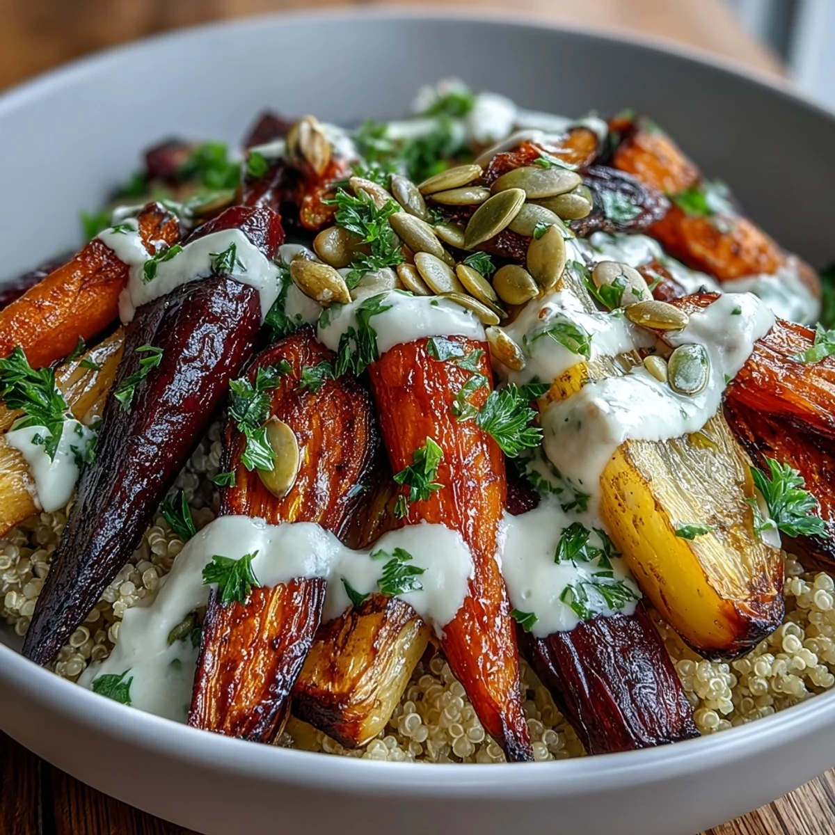 Creamy tahini drizzle is spooned over caramelized root vegetables and quinoa in this vegetarian bowl.