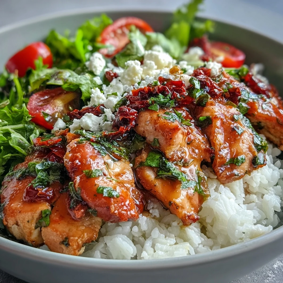 Golden seared chicken with sun-dried tomato marinade served on steamed rice, topped with crisp arugula and cherry tomatoes.
