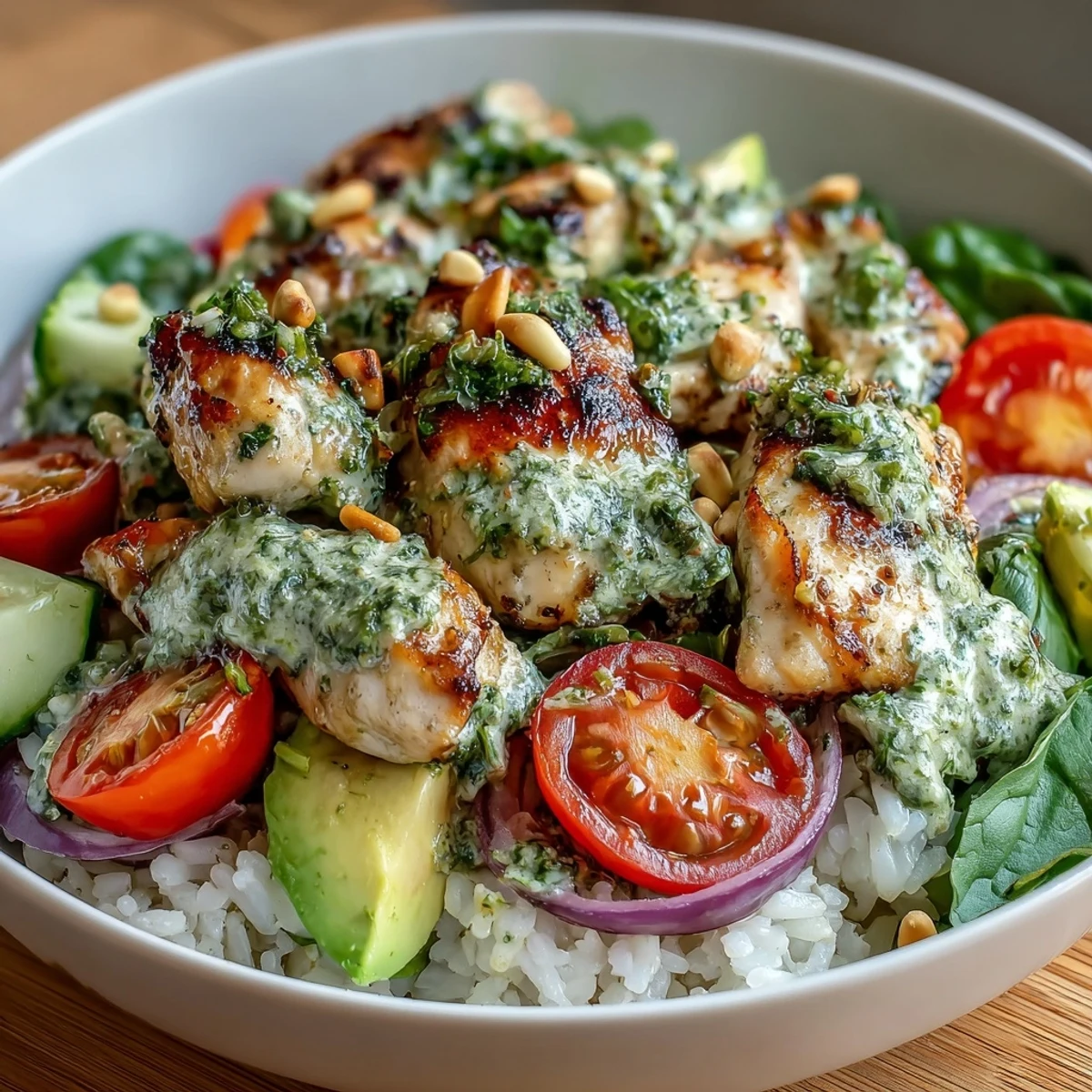 Flavorful Pesto Chicken Bowl with tender chicken, fluffy rice, and fresh vegetables on a white plate.
