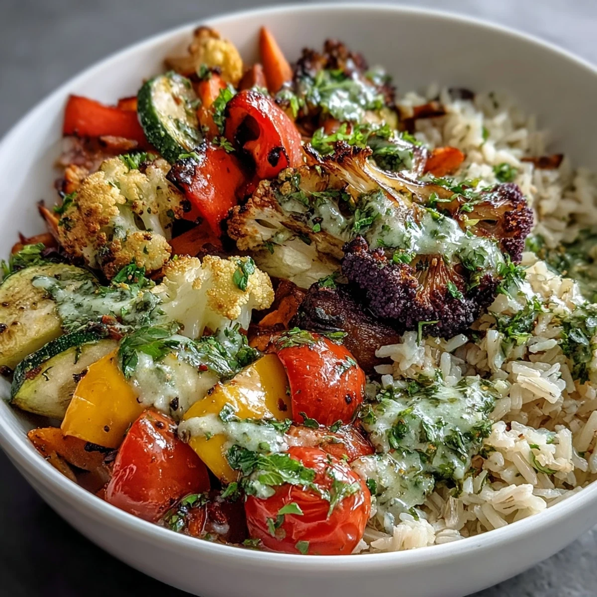 Savory Rainbow Roasted Vegetable Bowl with caramelized veggies and a vibrant green herb sauce drizzle.