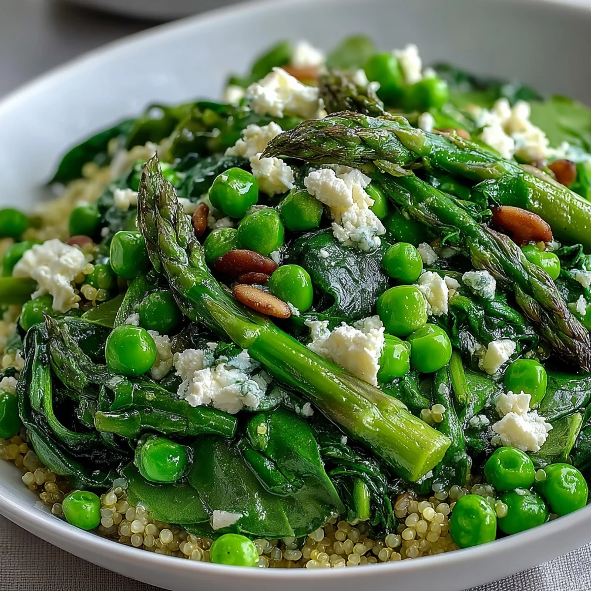 Overhead view of a colorful Spring Green Bowl, showcasing bright vegetables, hearty grains, and herbs, ready for a nutritious vegan meal.