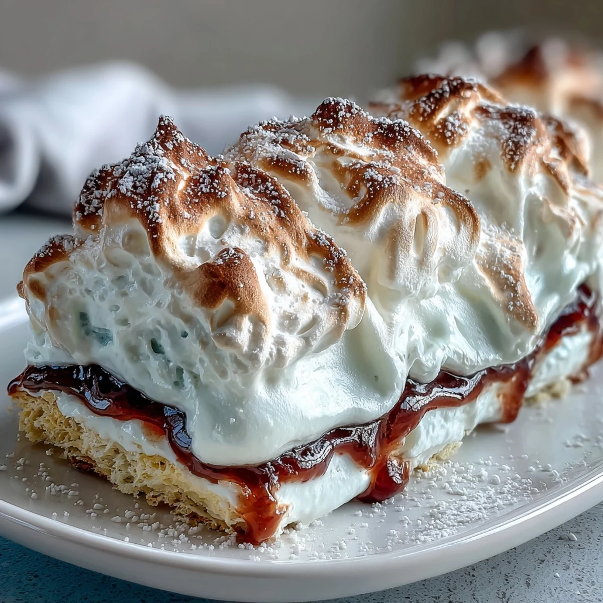 Homemade Brazo Gitano topped with torched meringue, glistening under warm kitchen lighting for a party spread.