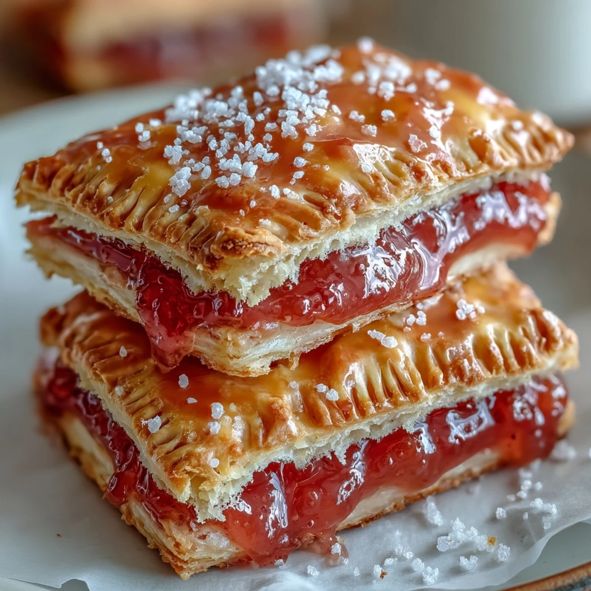 Close-up of a Guava Cheese Pop Tart broken open to show the soft cream cheese and bright guava filling, served on a white plate.