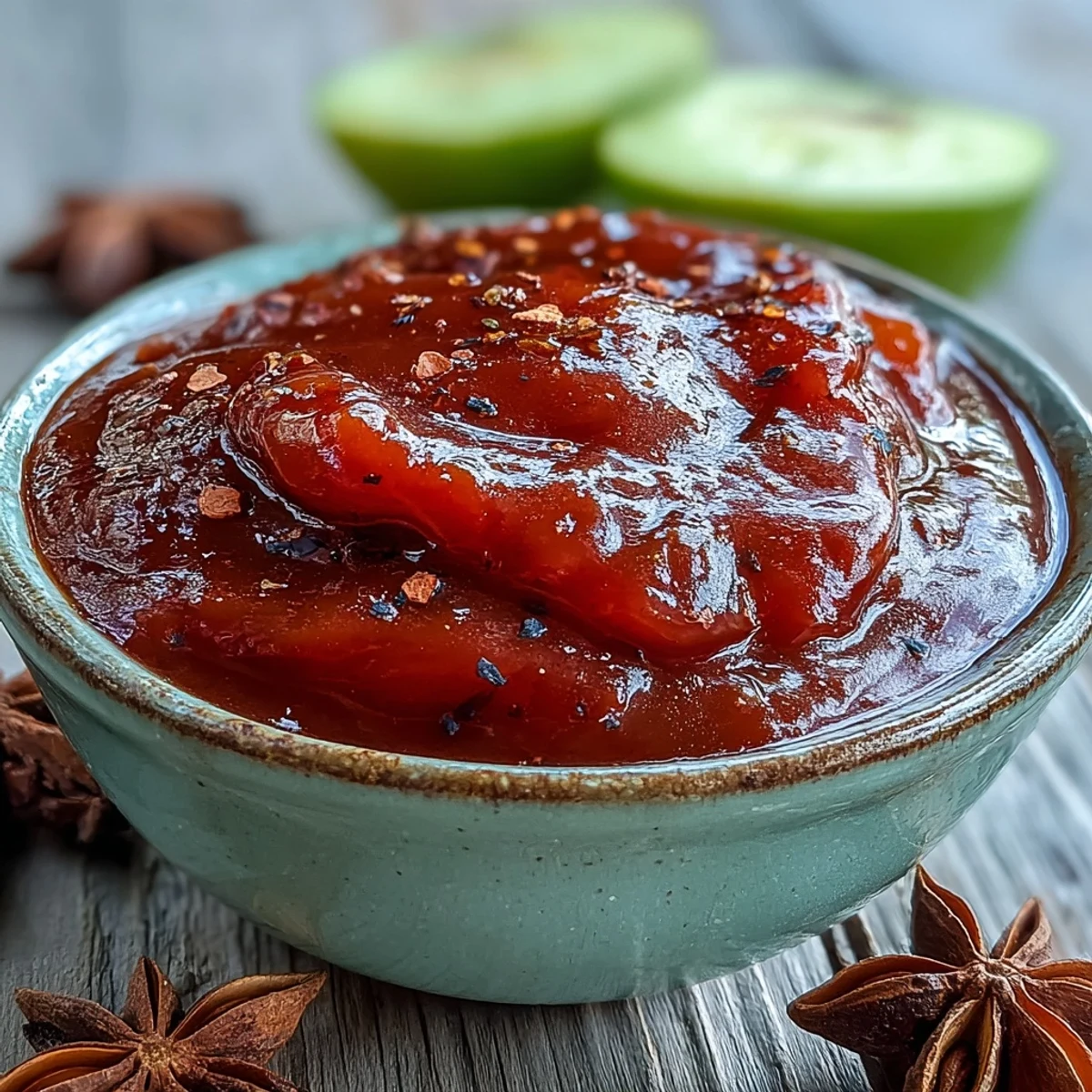 Freshly blended Guava BBQ Sauce From Scratch poured into a glass jar, served beside grilled tofu skewers and a basting brush for marinating.