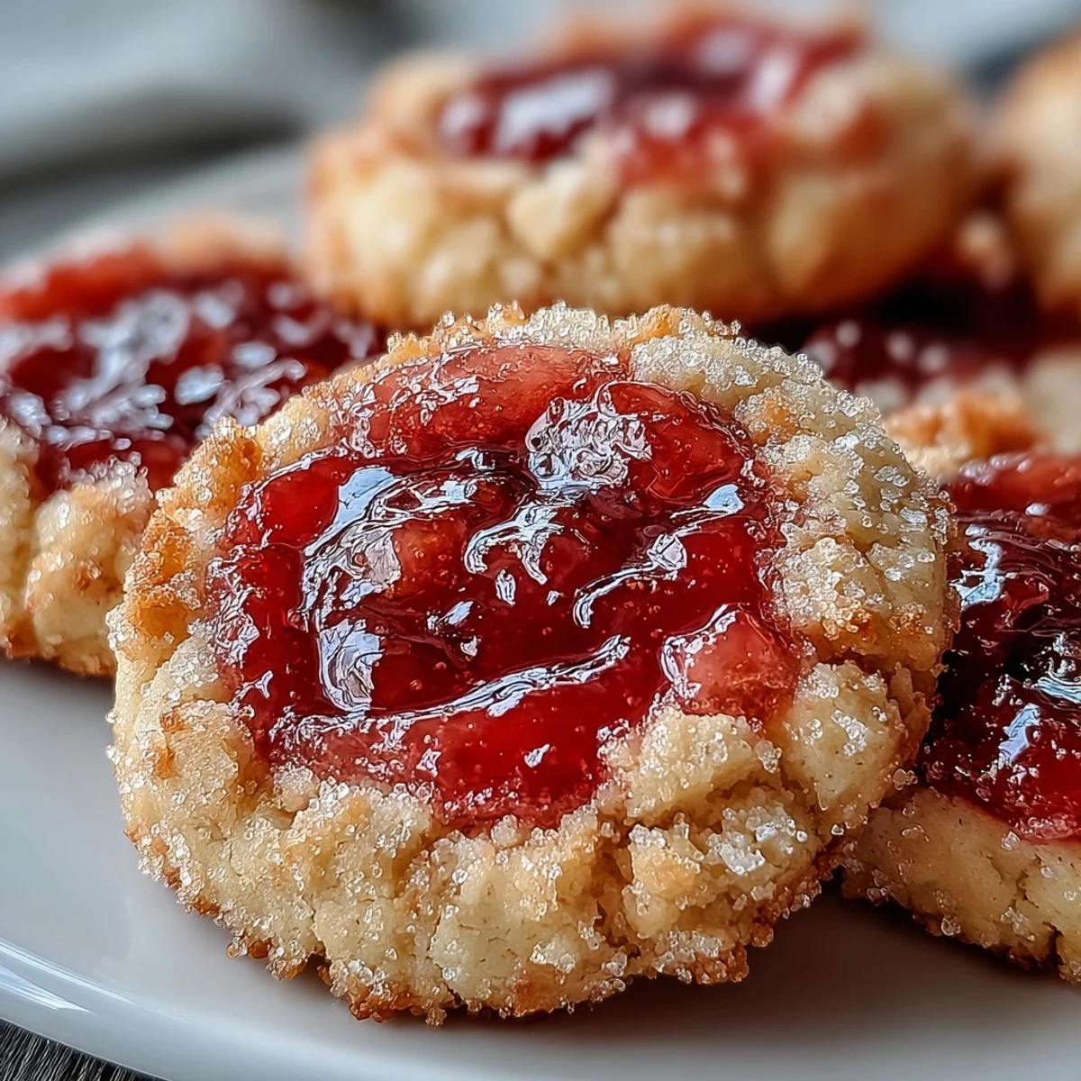 Golden Guava Jam Thumbprint Cookies cooling on a wire rack, featuring buttery crumb edges and a vibrant, sweet-tart pink center.