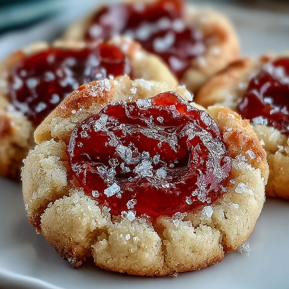 Close-up of a Guava Jam Thumbprint Cookie showing a soft, chewy texture and a generous dollop of glistening guava preserves.