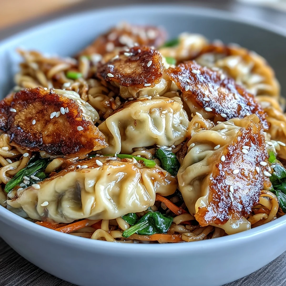 Steamy potsticker noodle bowls feature plump dumplings, lo mein, and colorful veggies tossed in garlicky soy sauce for dinner.