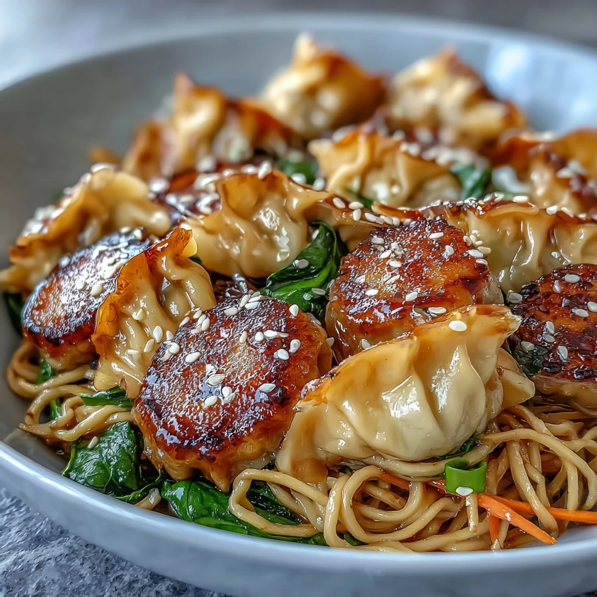 Quick potsticker noodle bowls served steaming hot, loaded with spinach, bok choy, and a savory sauce perfect for weeknights.