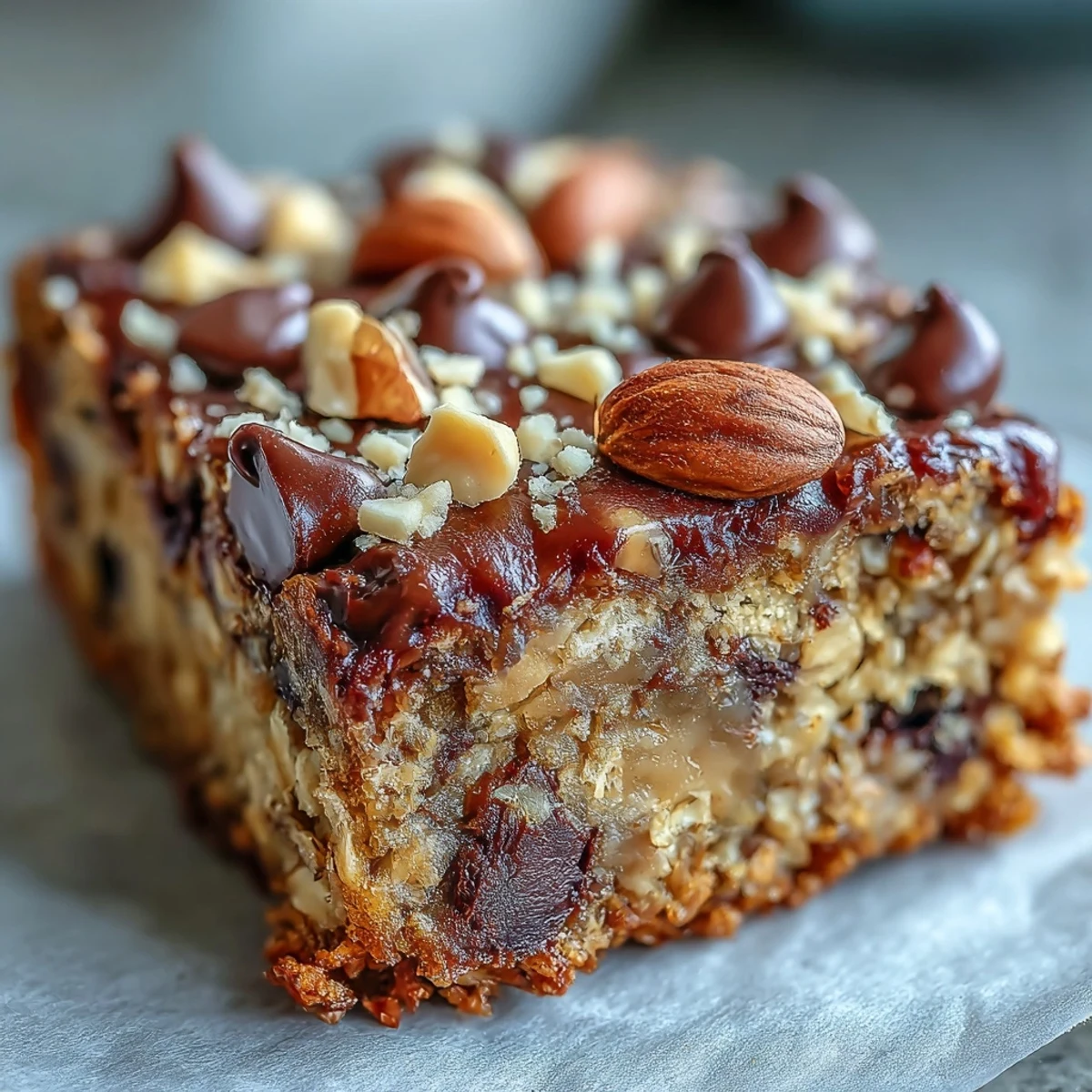 Perfectly baked Baked Oatmeal Bars packed with bananas and chocolate chips on a rustic wooden board.