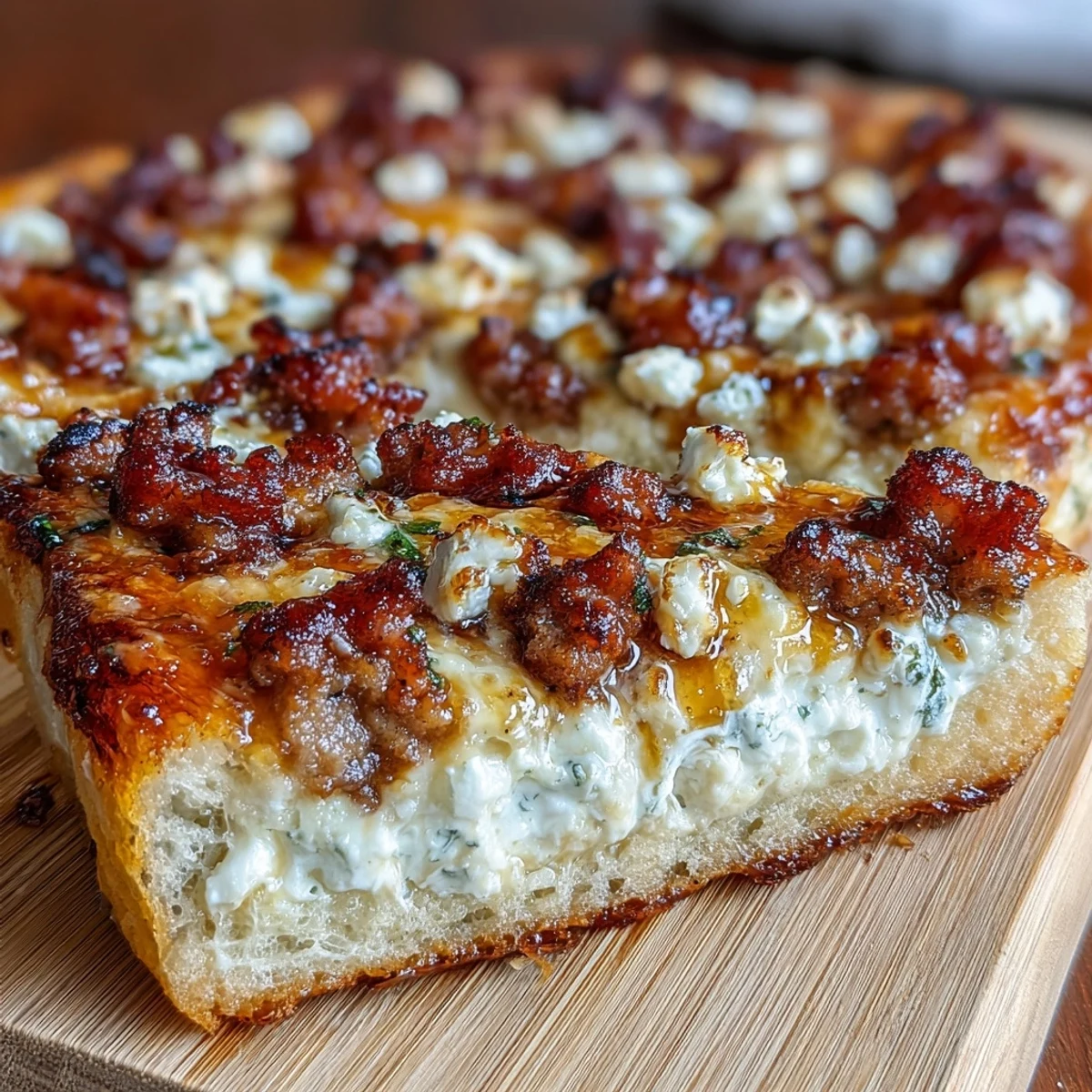 Fresh herbs garnish this gourmet hot sausage feta honey pizza, served on a rustic cutting board.
