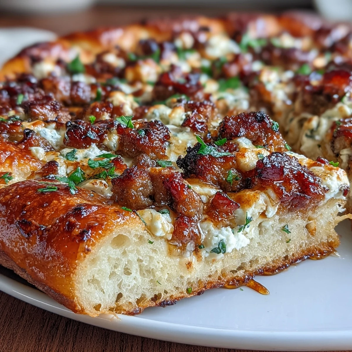 A close-up of bubbling cheese and savory sausage on a homemade pizza, finished with a sweet-spicy drizzle.
