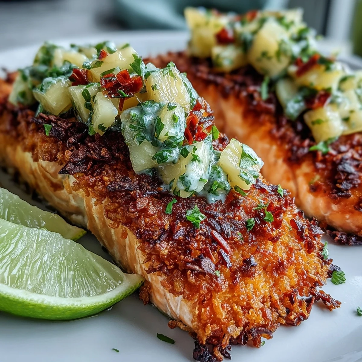 Freshly seared Coconut Crusted Salmon with Pineapple Salsa sits atop a plate, highlighting the golden, crispy texture and vibrant tropical toppings.