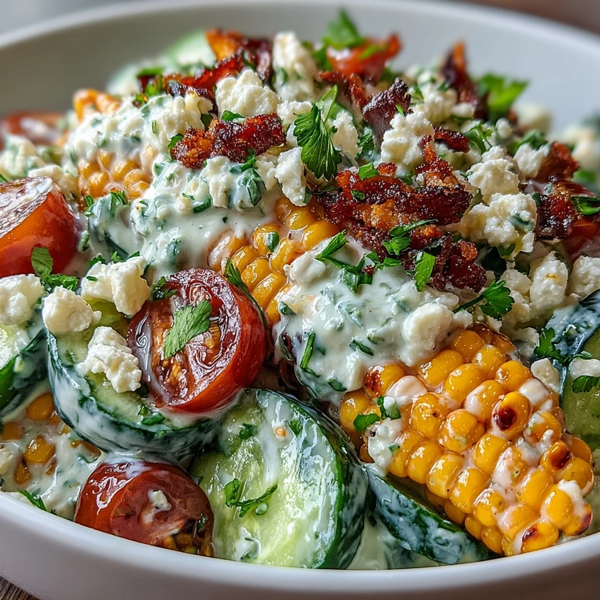 Fresh corn kernels and crisp diced cucumbers tossed in a creamy lime dressing, topped with crumbled feta and cilantro, served in a white bowl.