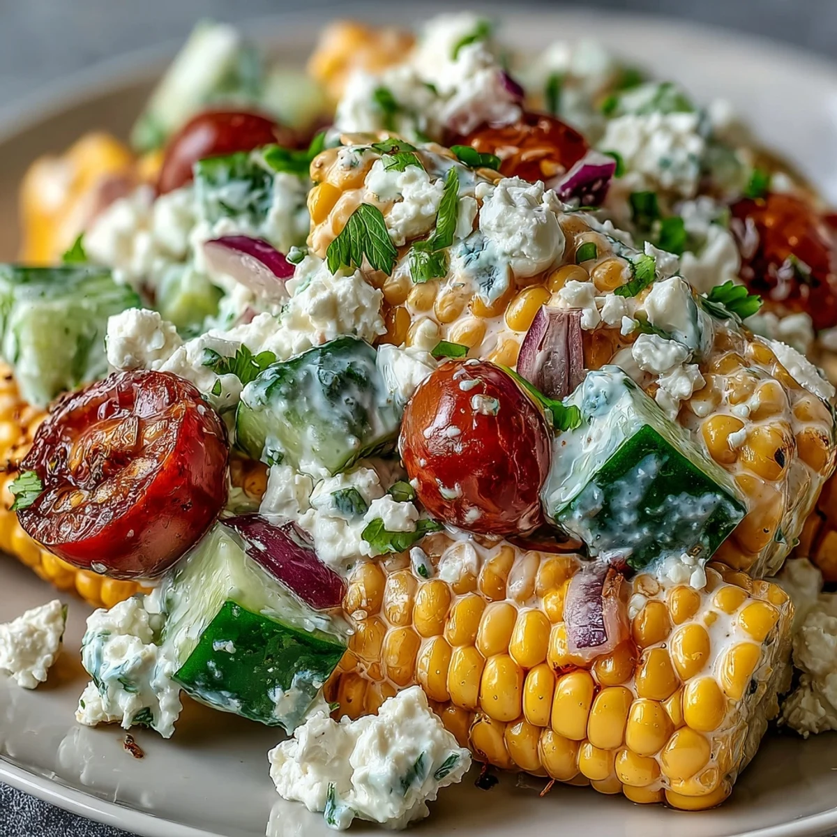 Summer Street Corn Creamy Cucumber Salad ready to serve, garnished with fresh cilantro and feta, ideal for backyard barbecues or light appetizers.