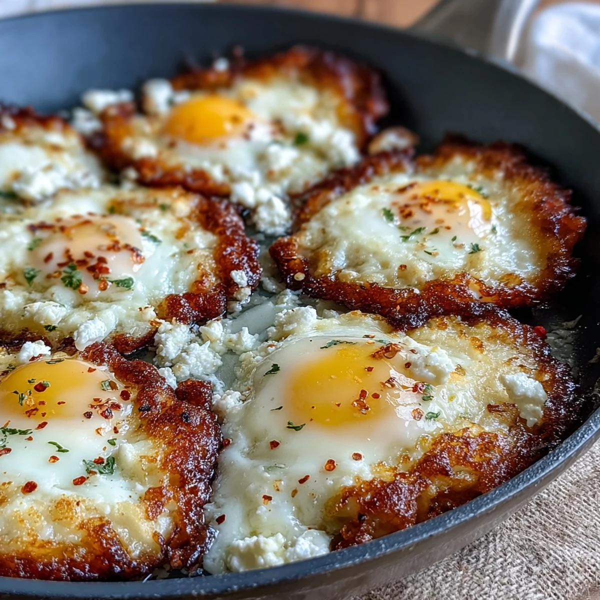 Sizzling feta edges frame runny yolks on a plate, garnished with red pepper flakes.