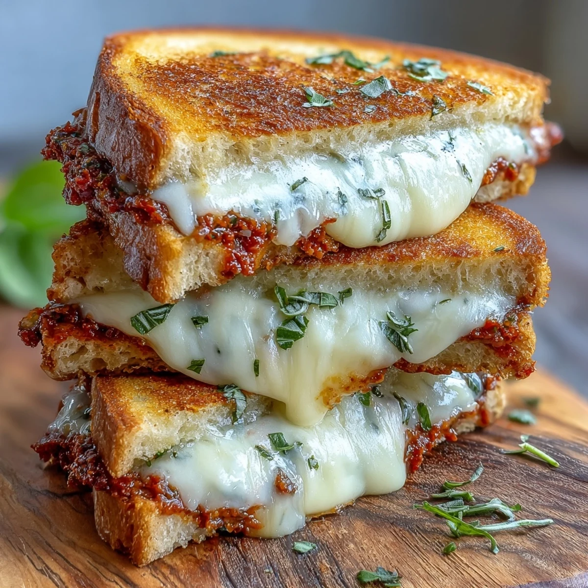 Golden-brown Sun-Dried Tomato Pesto Grilled Cheese oozing melted mozzarella on a plate.