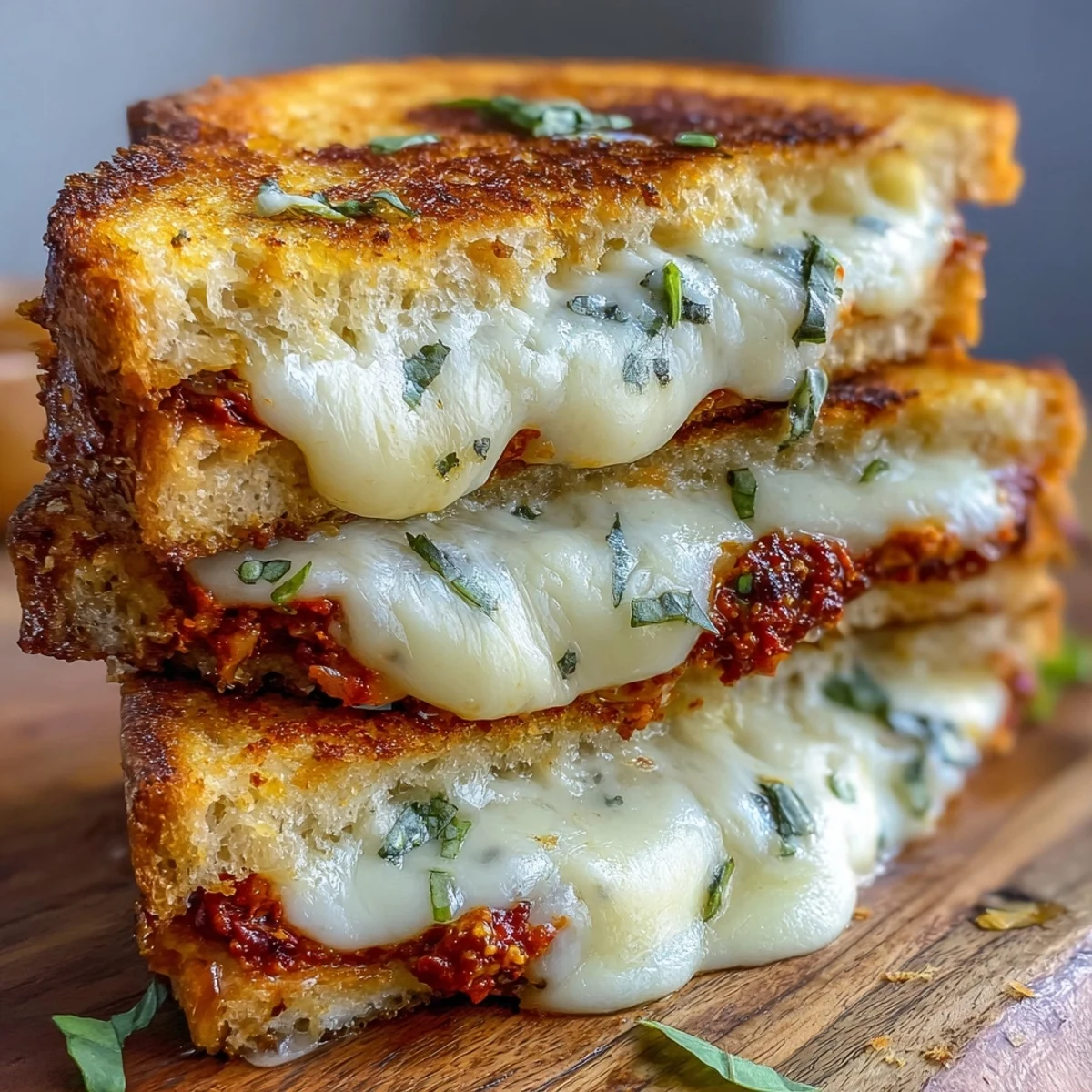 Freshly grilled Sun-Dried Tomato Pesto Grilled Cheese sandwich stacked high on a wooden cutting board.