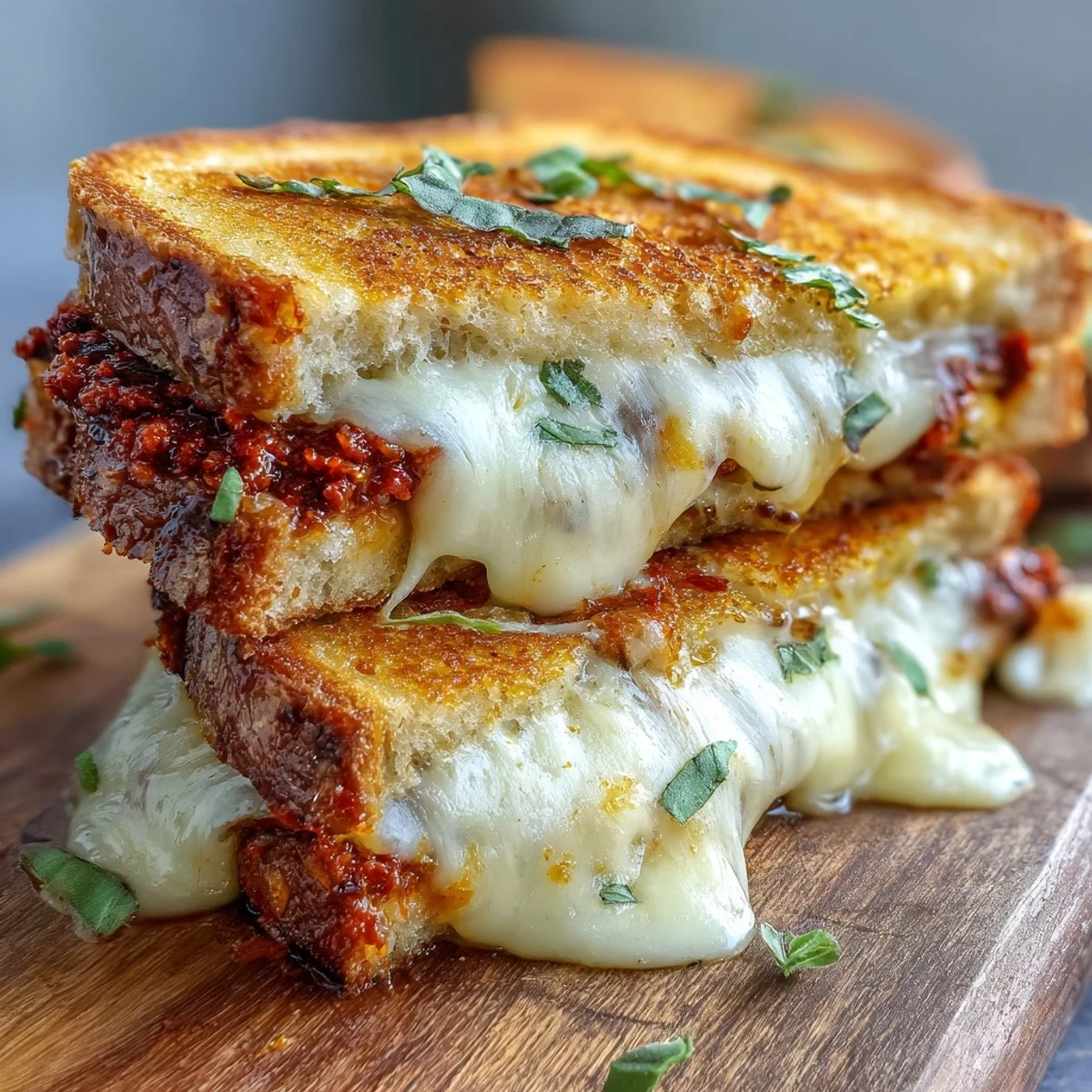Buttery Sun-Dried Tomato Pesto Grilled Cheese sliced diagonally next to a bowl of tomato soup.