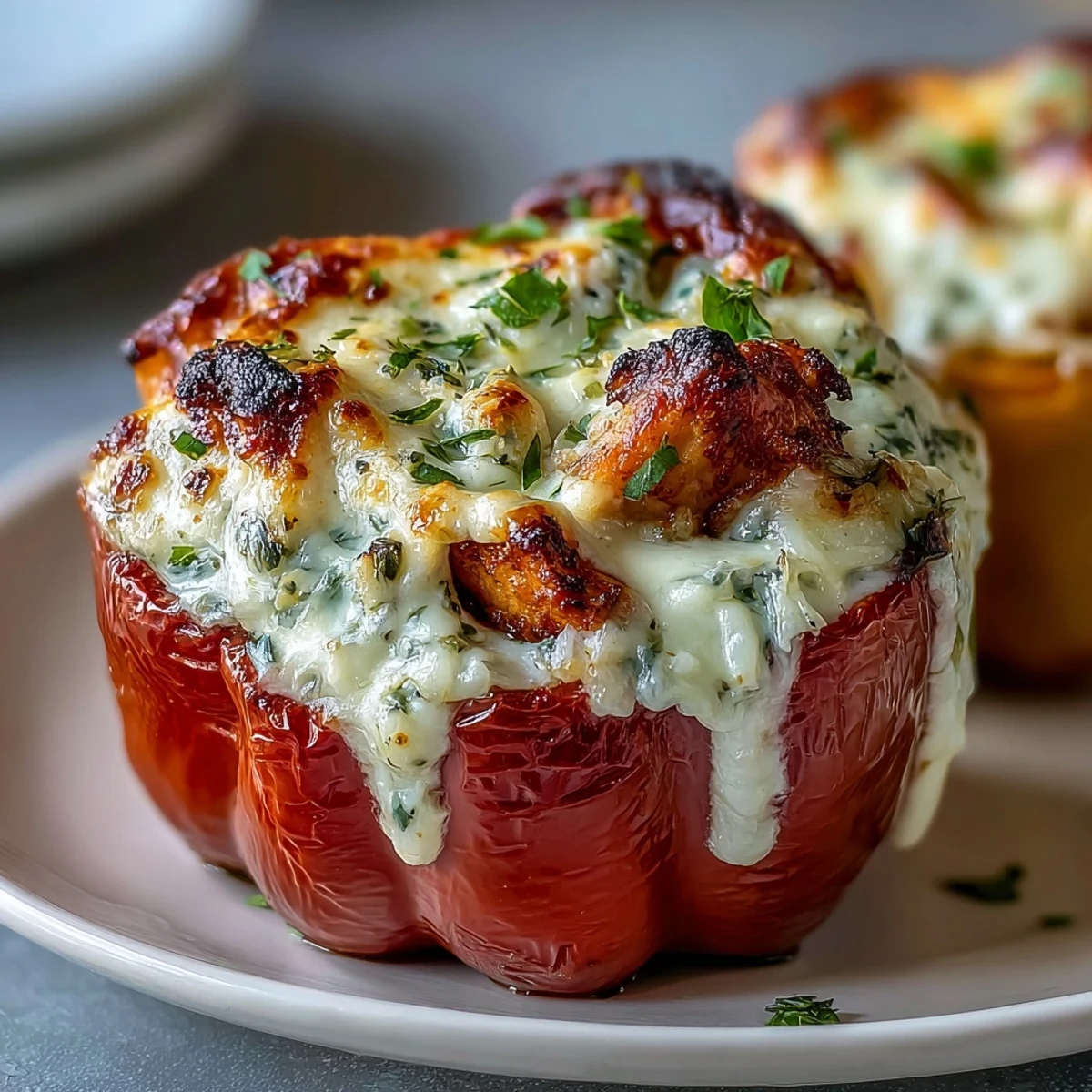 Garlic Parmesan Chicken Stuffed Peppers filled with creamy chicken and rice, bubbling with golden cheese.