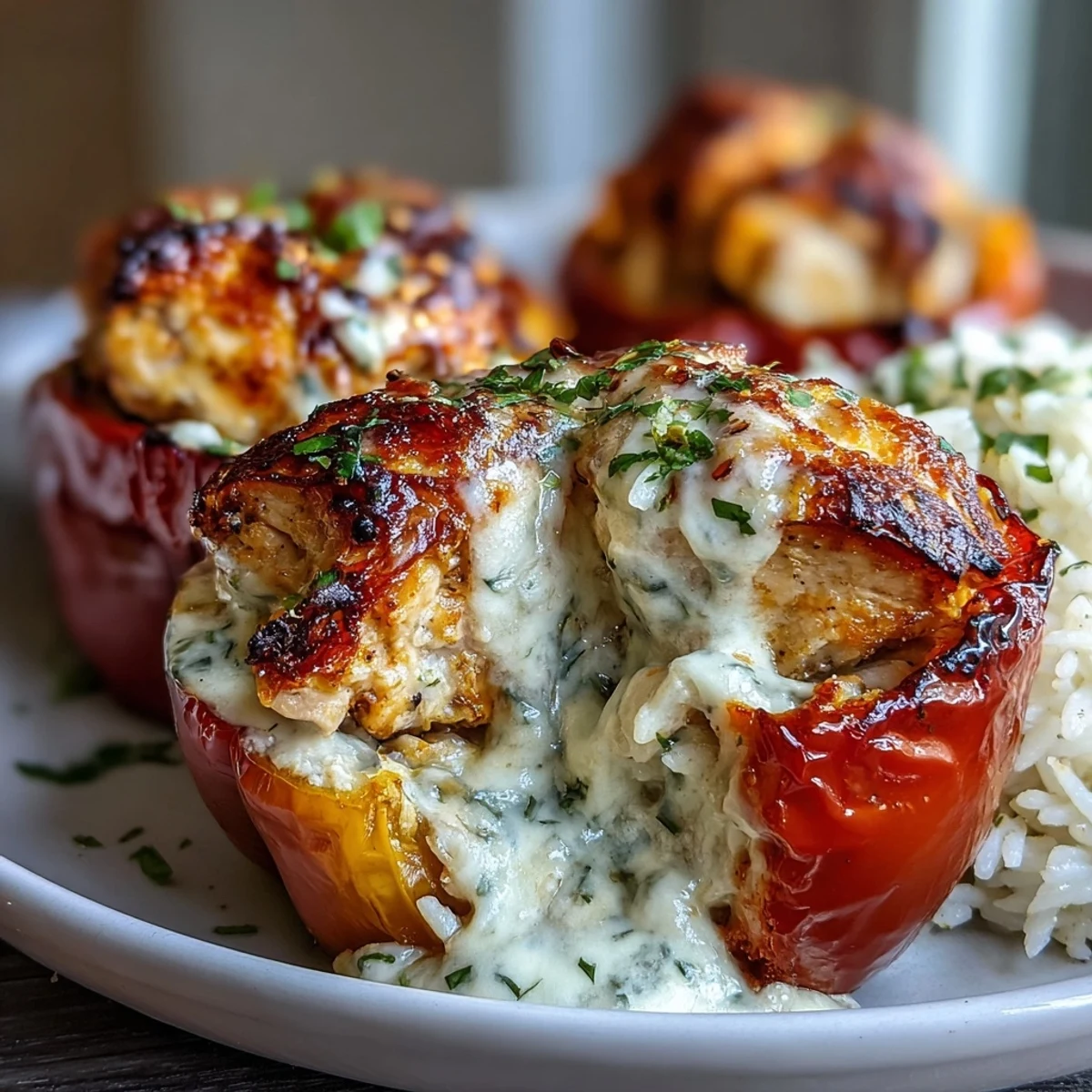 Peppers stuffed with Garlic Parmesan Chicken Stuffed Peppers, baked until tender and served for dinner.