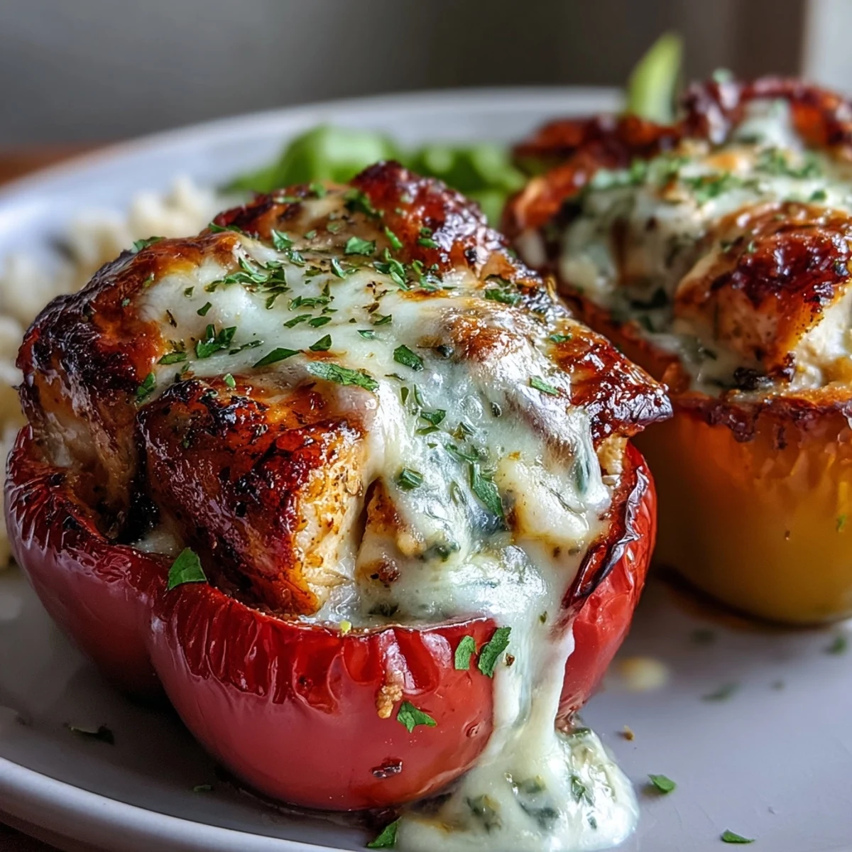 Golden Garlic Parmesan Chicken Stuffed Peppers topped with parsley, ready to serve alongside a crisp salad.