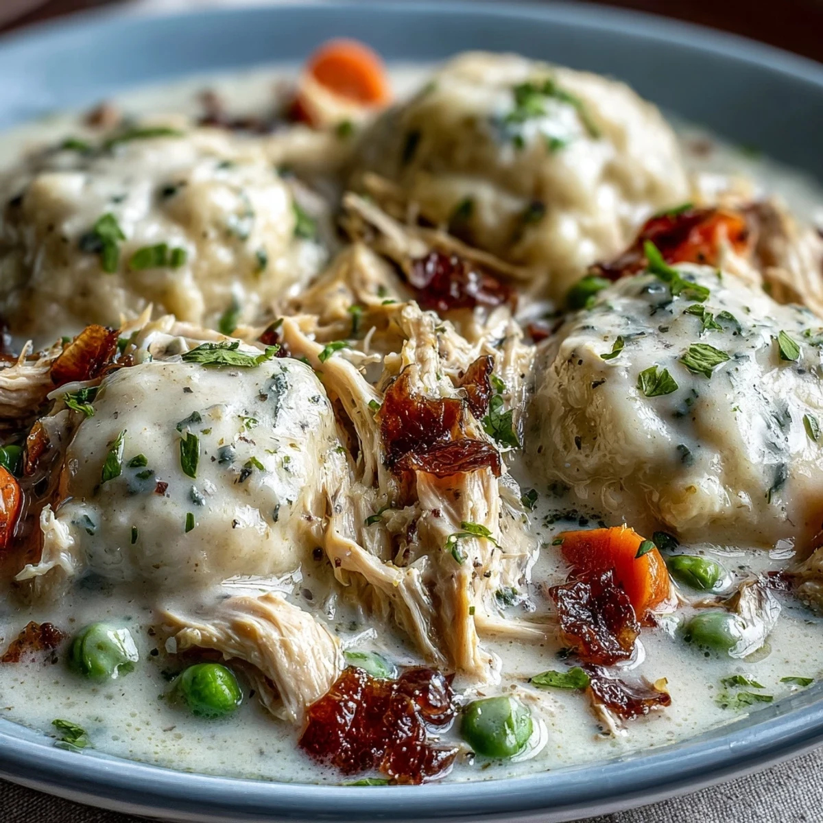 Golden Slow Cooker Ranch Chicken & Dumplings stew with creamy sauce and fluffy biscuits steaming in a ceramic crockpot.