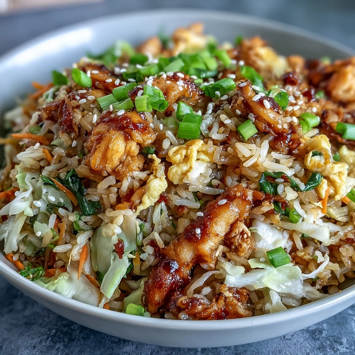 Golden-brown Crispy Chicken Fried Rice with Egg Roll Flavors features minced chicken, crunchy cabbage, and carrots piled high in a skillet.