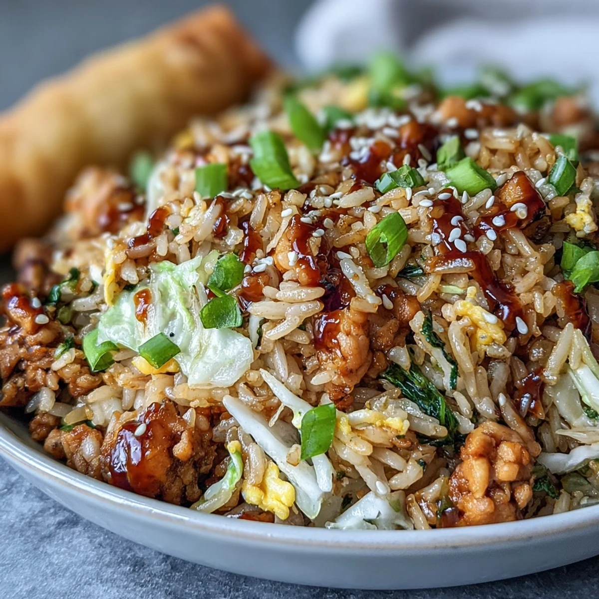 A close-up of Crispy Chicken Fried Rice with Egg Roll Flavors reveals fluffy rice, scrambled eggs, and fresh green onions ready to serve.