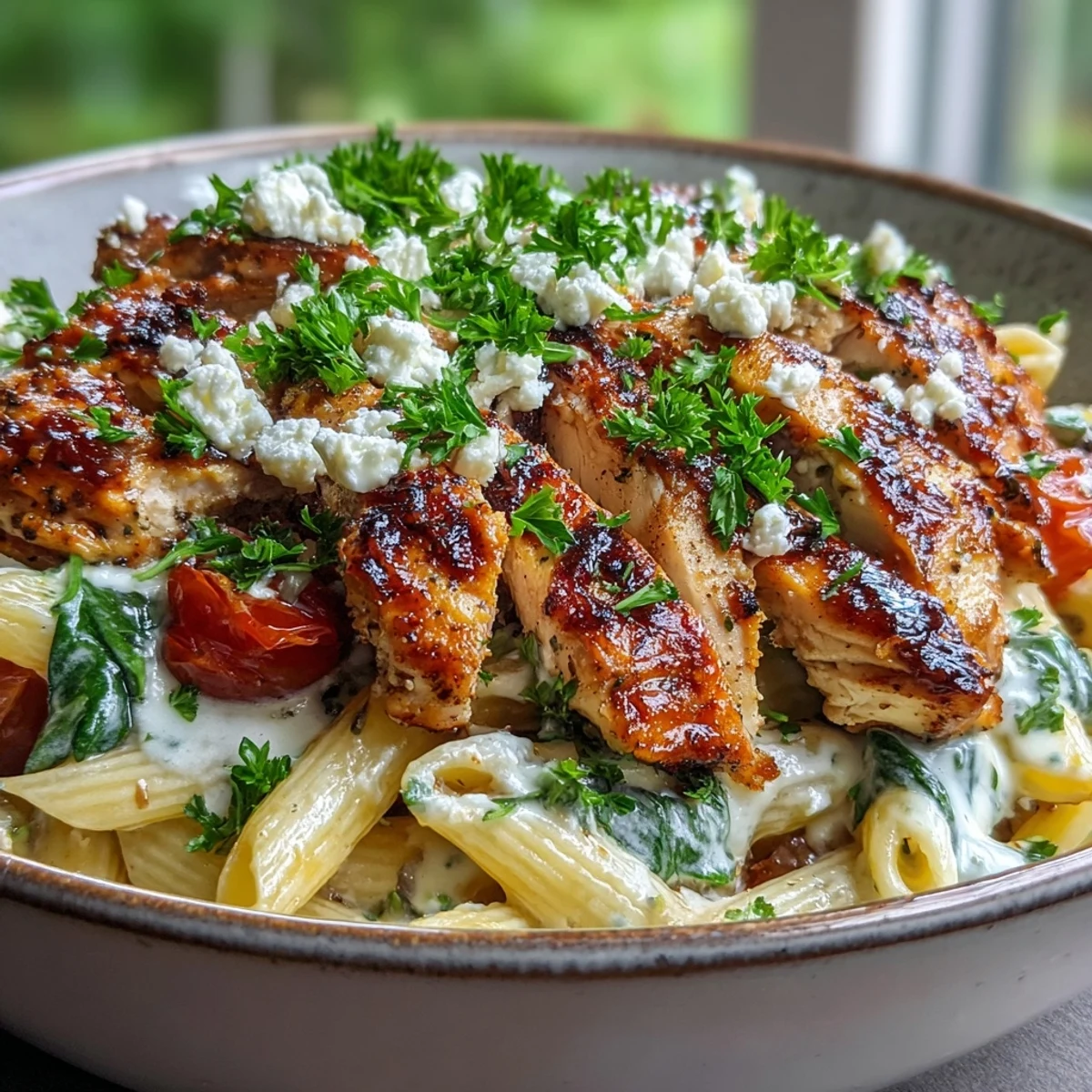 A platter of Roasted Garlic & Feta Chicken Pasta garnished with chopped parsley, showcasing creamy feta and rich roasted garlic cloves.