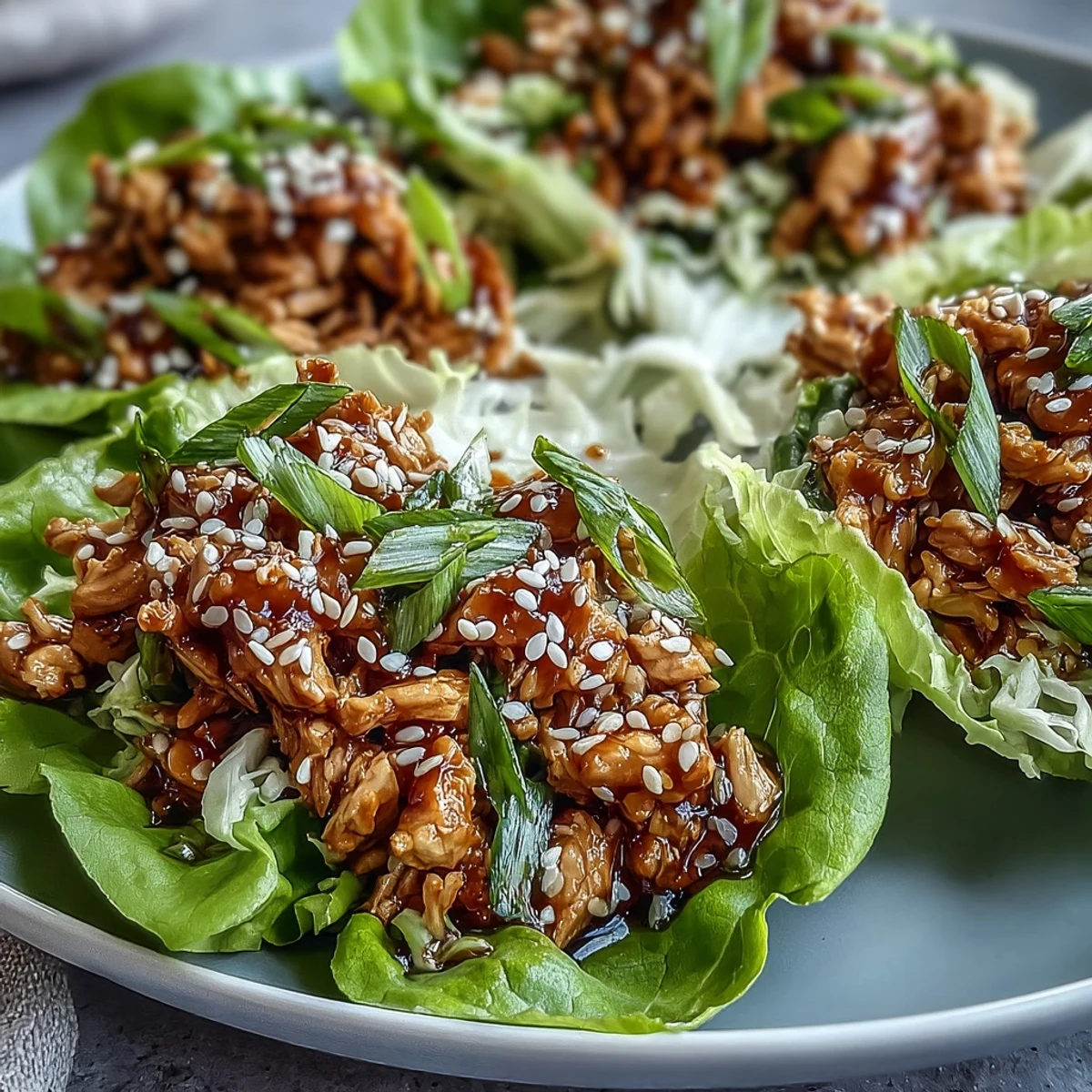 Freshly filled Potsticker-Inspired Chicken Lettuce Boats stacked on a white plate, garnished with toasted sesame seeds and green onions.