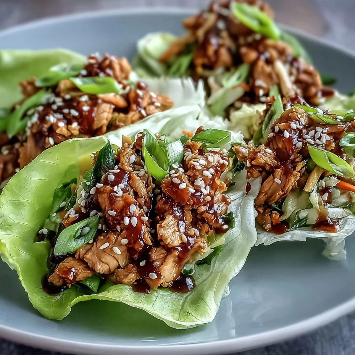 Crisp butter lettuce leaves holding savory Potsticker-Inspired Chicken Lettuce Boats, with a small bowl of dipping sauce nearby.