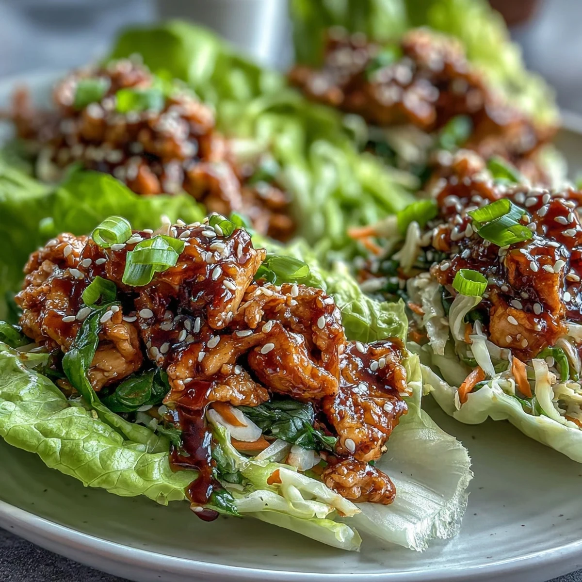 Close-up on juicy Potsticker-Inspired Chicken Lettuce Boats showing ground chicken and colorful carrots in a savory sauce.
