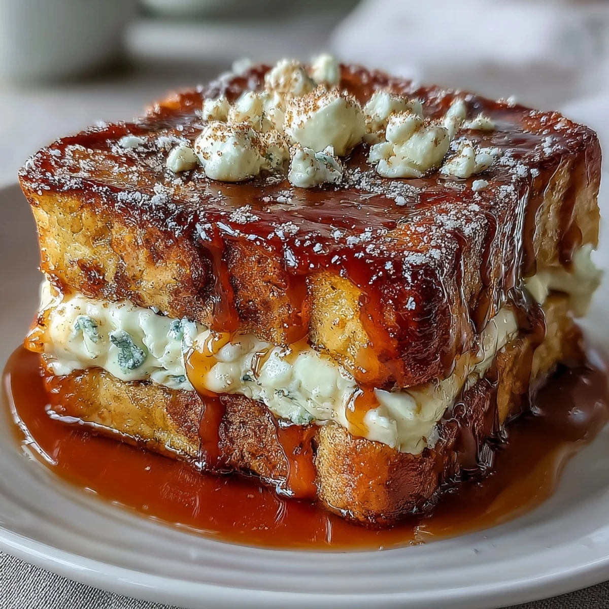 Overnight Caramel Cream Cheese French Toast Casserole in a white baking dish with a gooey, sweet topping.