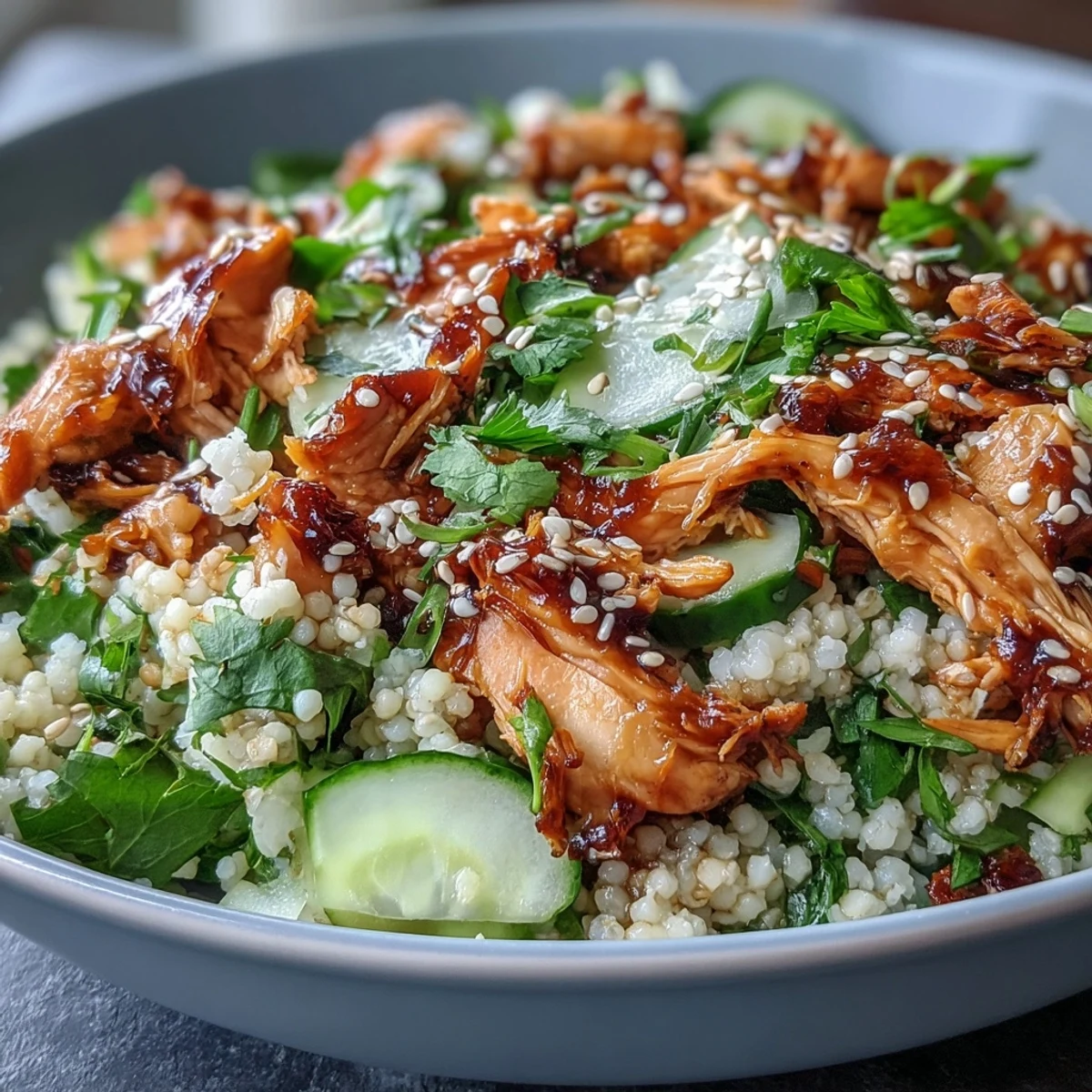 Freshly cooked pearl couscous, shredded rotisserie chicken, crisp cucumbers, and scallions tossed in a glossy sesame-soy dressing for Asian Sesame Chicken Couscous Salad.