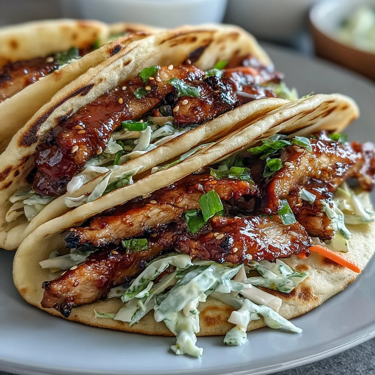 Creamy lime-dressed slaw piled high on juicy Honey Garlic Naan Chicken Tacos for a crunchy bite.