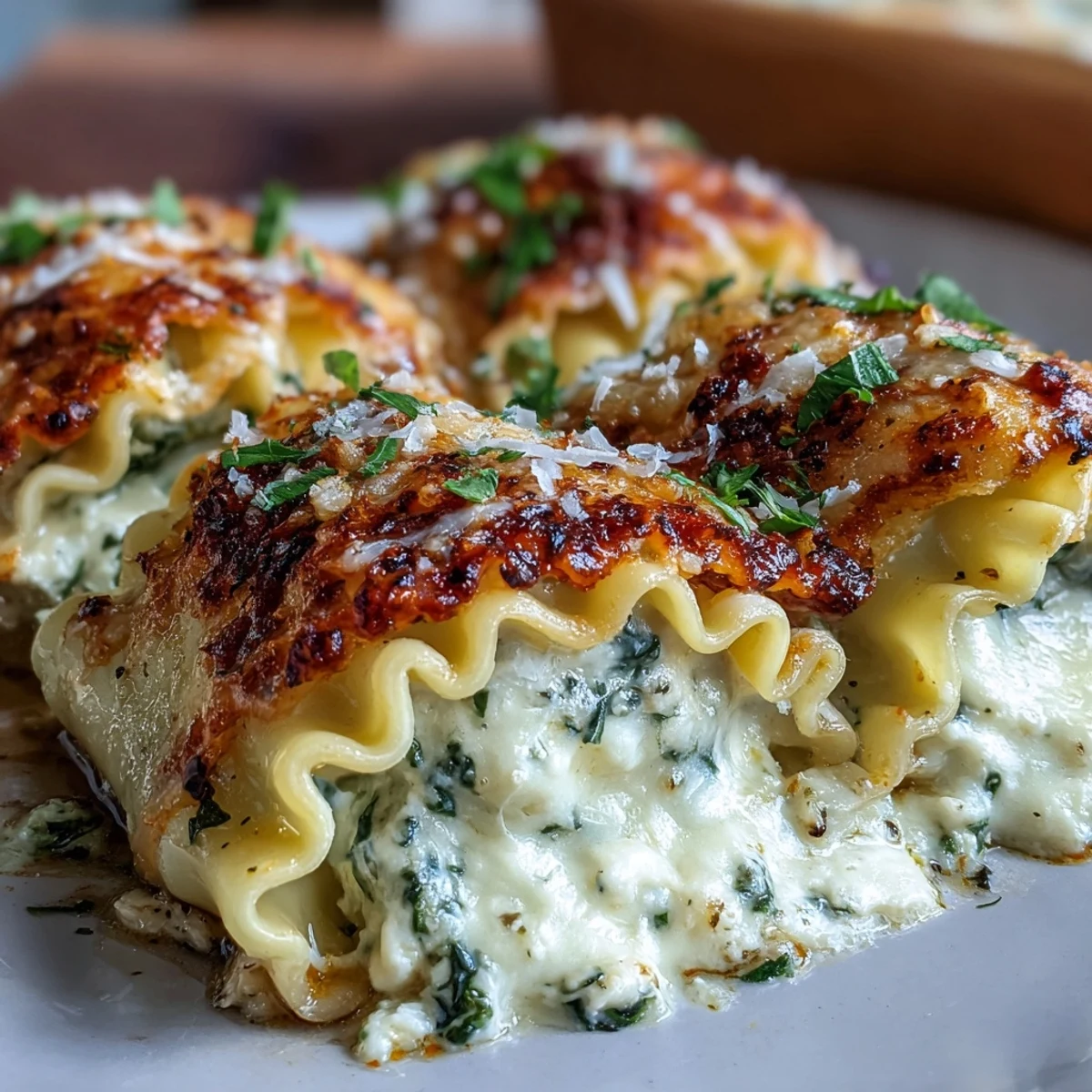 Freshly baked Garlic Butter Lasagna Roll-Ups, featuring golden melted mozzarella and Parmesan topping on each stuffed noodle.