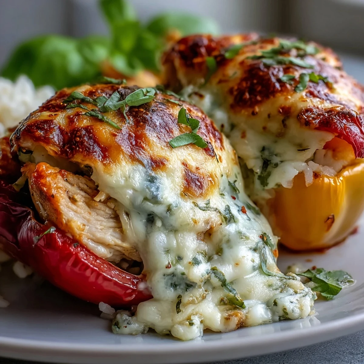 Freshly baked Garlic Parmesan Chicken Stuffed Peppers showing the creamy, cheesy chicken and rice filling.