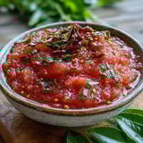 A small glass jar filled with Guava Chutney, topped with a mustard seed tempering and curry leaves.