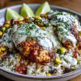 Skillet of Pollo Loco Mexican Chicken and Rice with Queso, topped with bubbly queso, cilantro, and fresh lime wedges.
