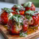 Vibrant Caprese skewers featuring ripe tomatoes, mozzarella balls, and basil, finished with a fragrant homemade pesto drizzle.  
