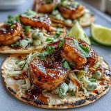 2. Juicy shrimp glazed in honey garlic sauce, nestled in soft tortillas with vibrant red cabbage slaw and creamy avocado slices.  