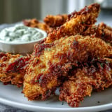 Crispy Pickle Brine Chicken Tenders ready to be dipped with side sauces.
