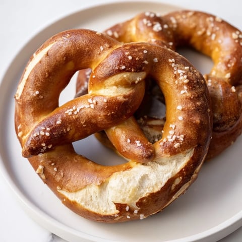 Golden-brown Homemade Soft Pretzels, brushed with egg wash and ready to eat with coarse salt.